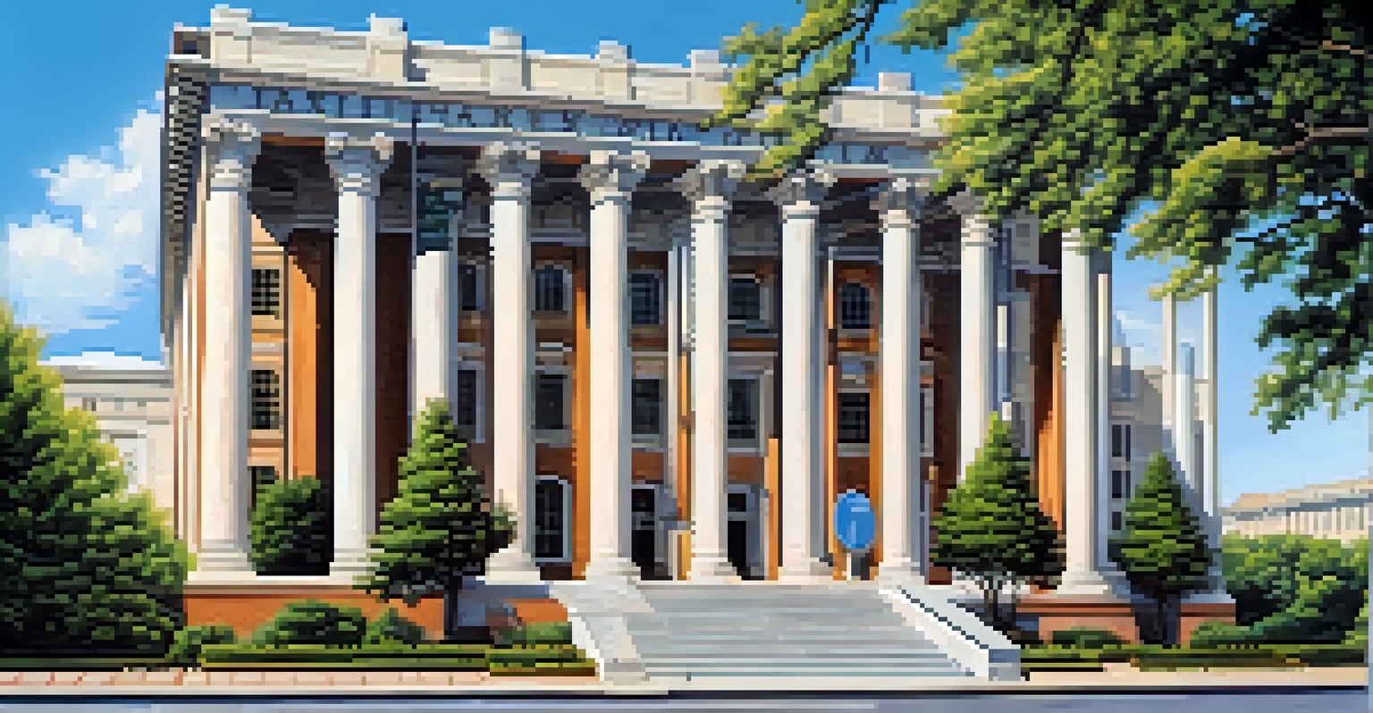A government building with a tax authority sign, surrounded by greenery under a blue sky.