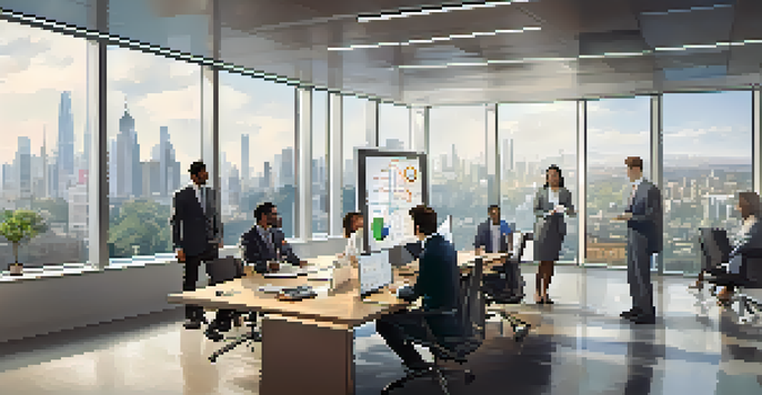 A diverse group of professionals in a modern office discussing tax incentives, with charts and graphs displayed on a screen.