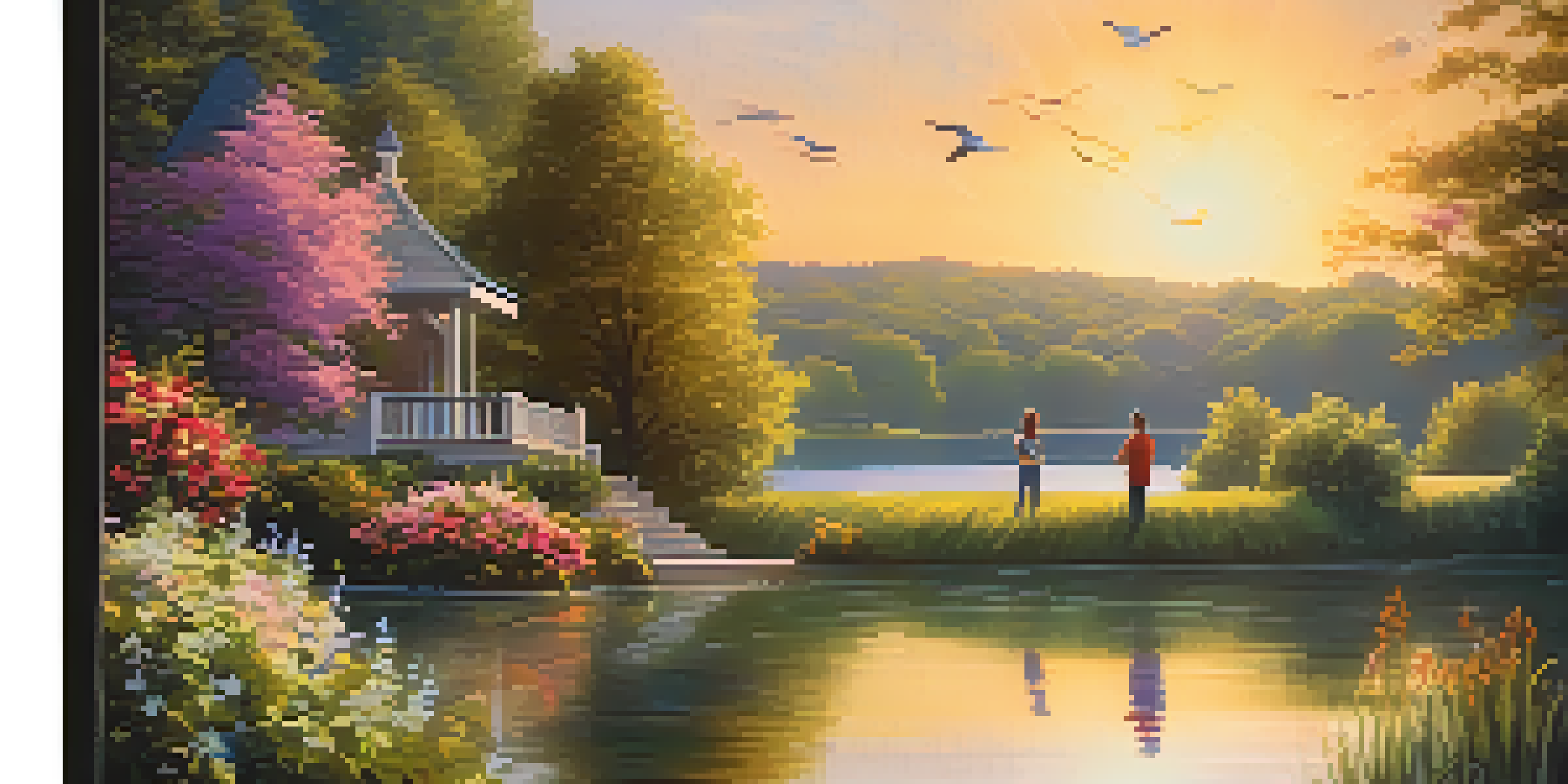A couple enjoying their retirement by a peaceful lake at sunset, surrounded by greenery and flowers.