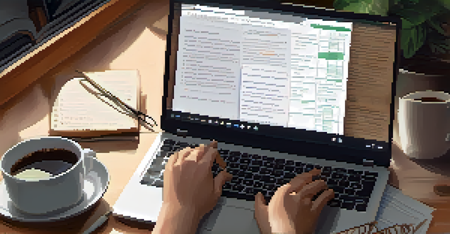 A close-up of hands typing on a laptop showing a cloud-based record keeping system, with an open notebook and a cup of coffee beside it, in a warm, inviting setting.