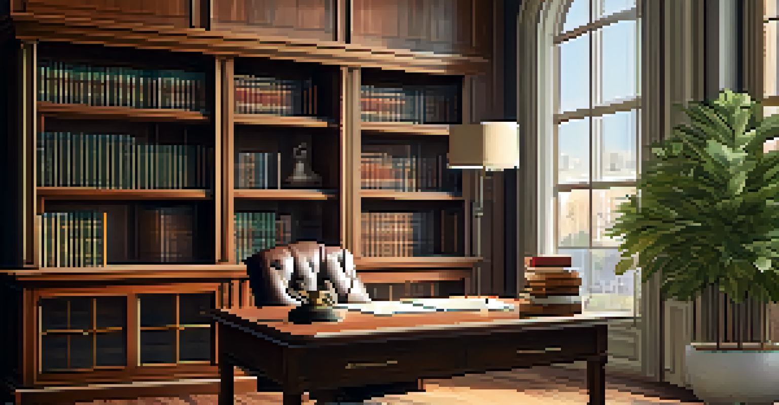 An elegant office with a bookshelf of law books and an open estate planning guide on a desk, bathed in natural light.