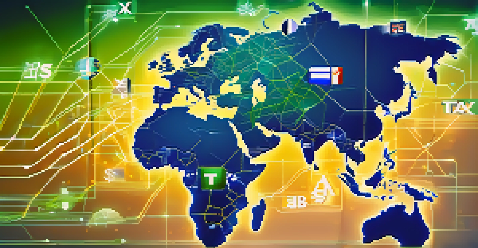 An abstract illustration of global taxation with maps, digital currency symbols, and tax icons on a blue-green gradient background.