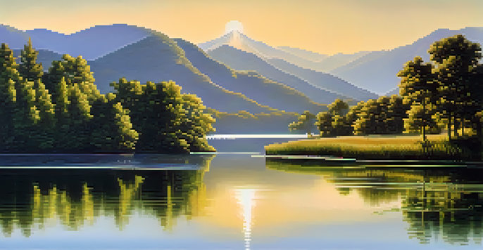 A peaceful lake surrounded by trees and mountains, with sunlight reflecting on the water.