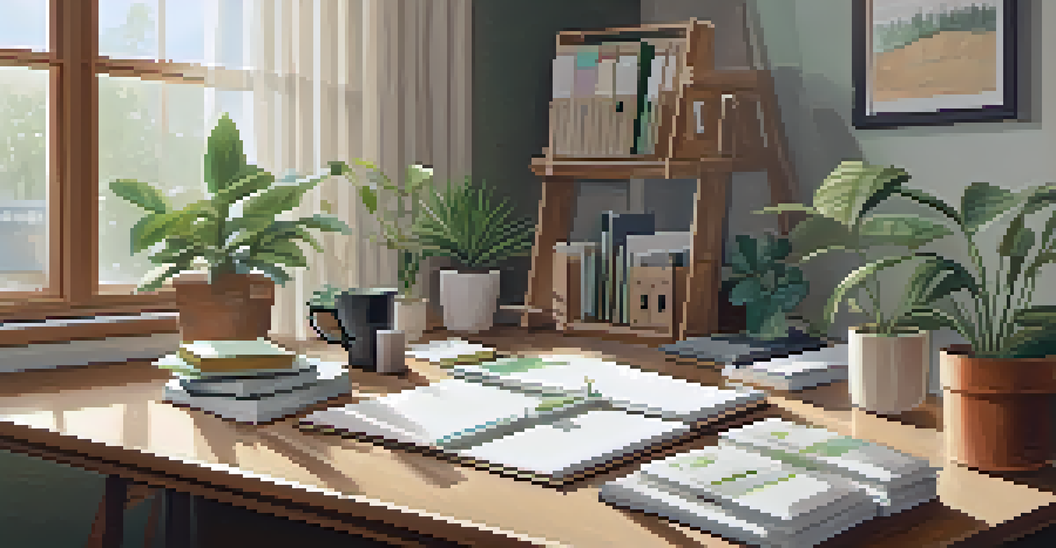 An organized workspace with labeled folders, a potted plant, and a cup of coffee.