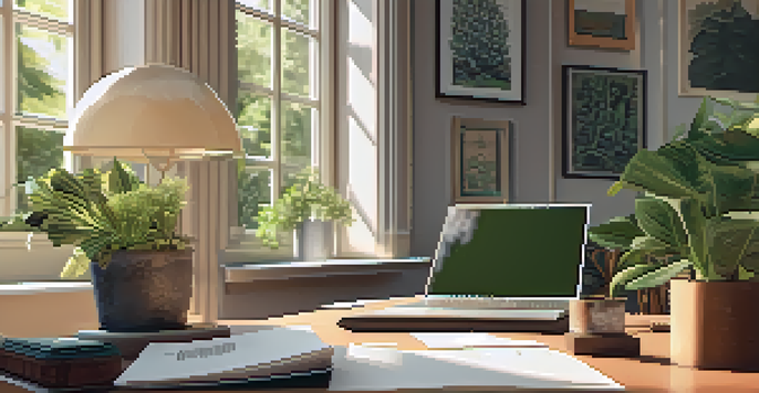 An office workspace with a wooden desk, laptop, tax documents, and a globe, illuminated by soft morning light.