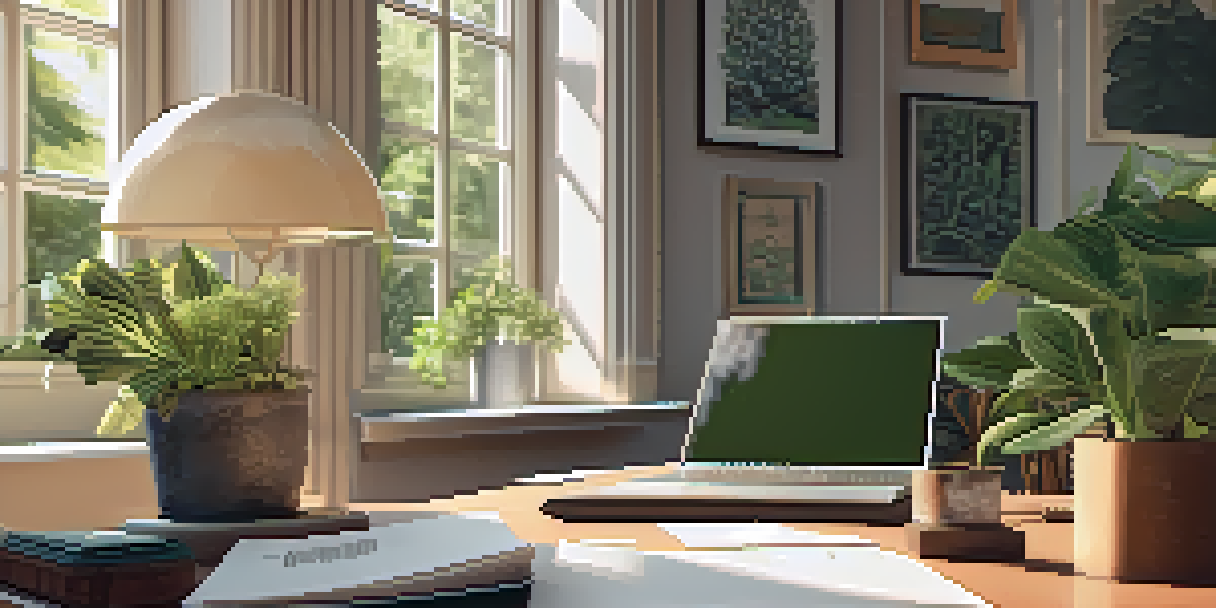 An office workspace with a wooden desk, laptop, tax documents, and a globe, illuminated by soft morning light.