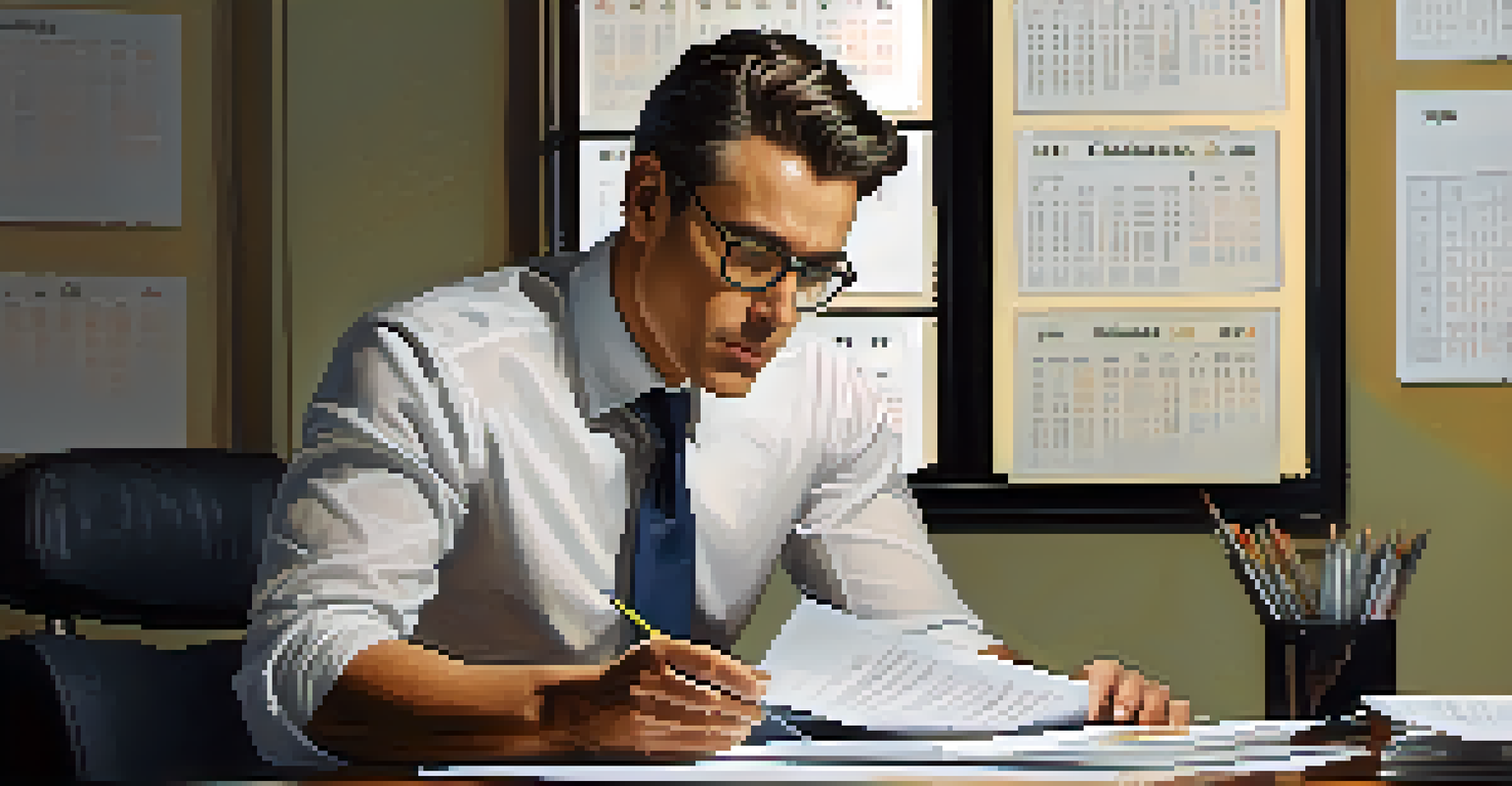 A focused individual at a desk reviewing paperwork with a laptop and a calendar indicating tax deadlines in the background.