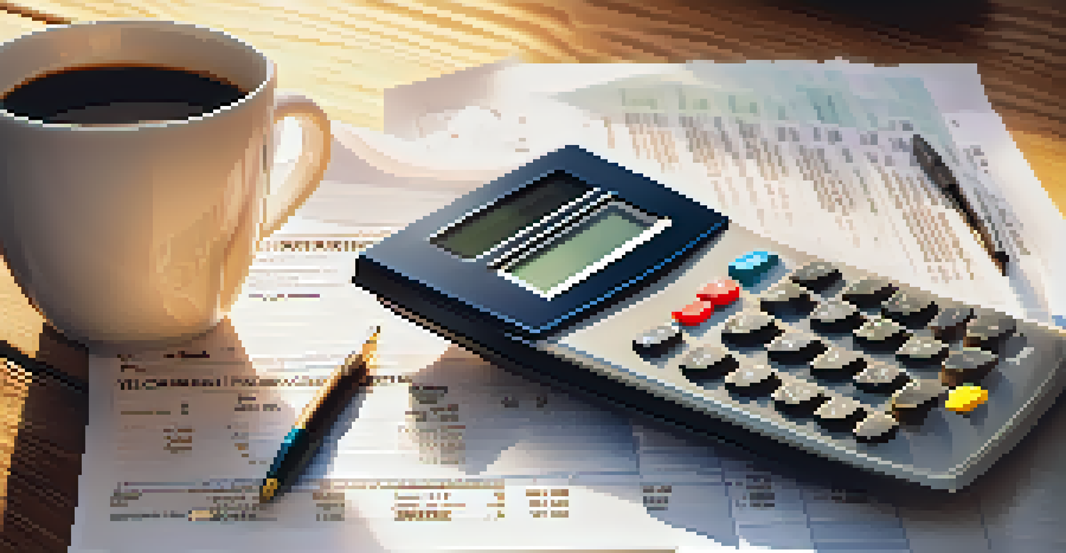 A close-up view of a calculator and financial documents on a wooden table, with a cup of coffee, focusing on retirement planning.