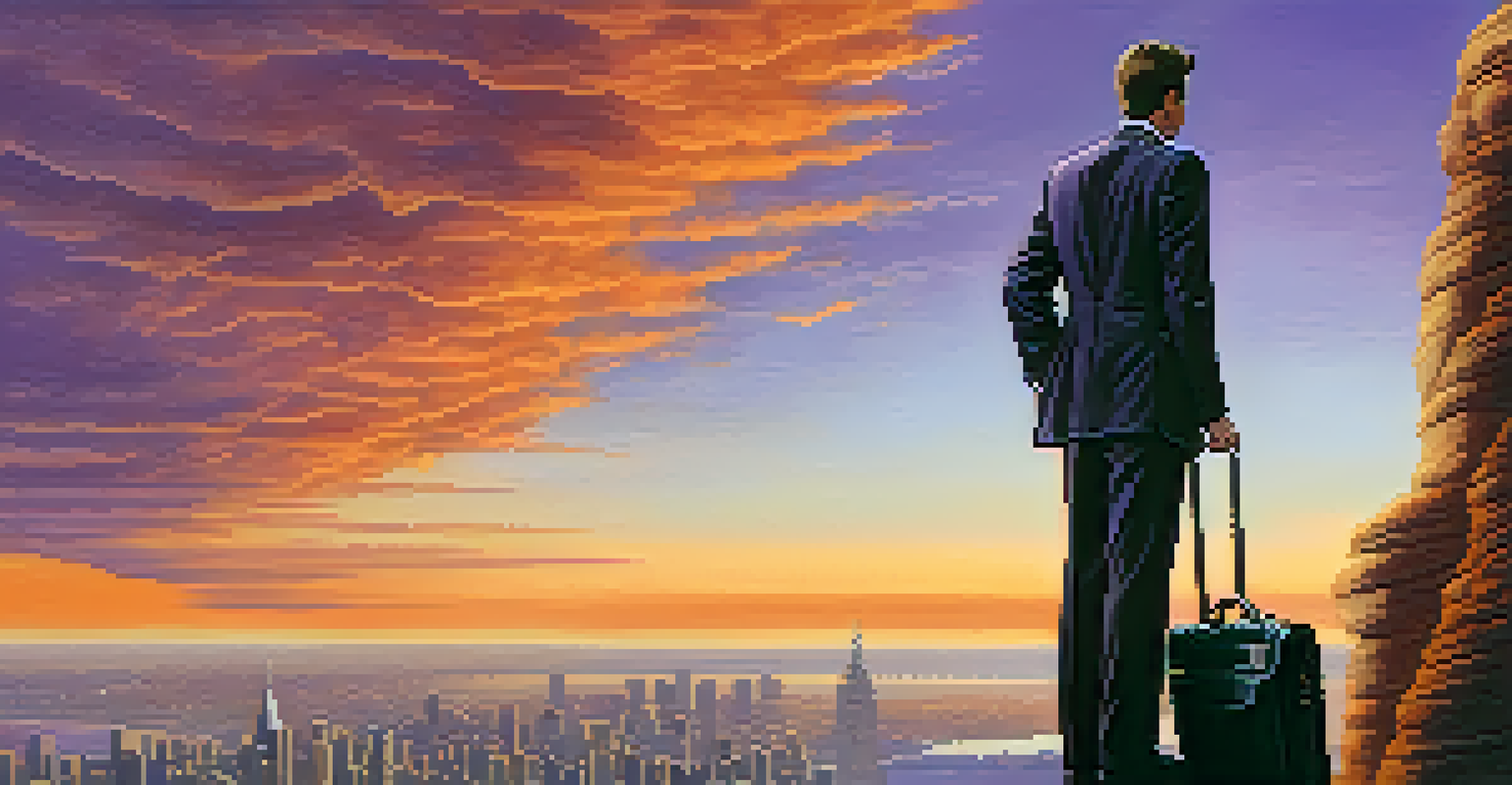 A business traveler at a cliff's edge, admiring a city skyline during sunset, dressed in professional attire.