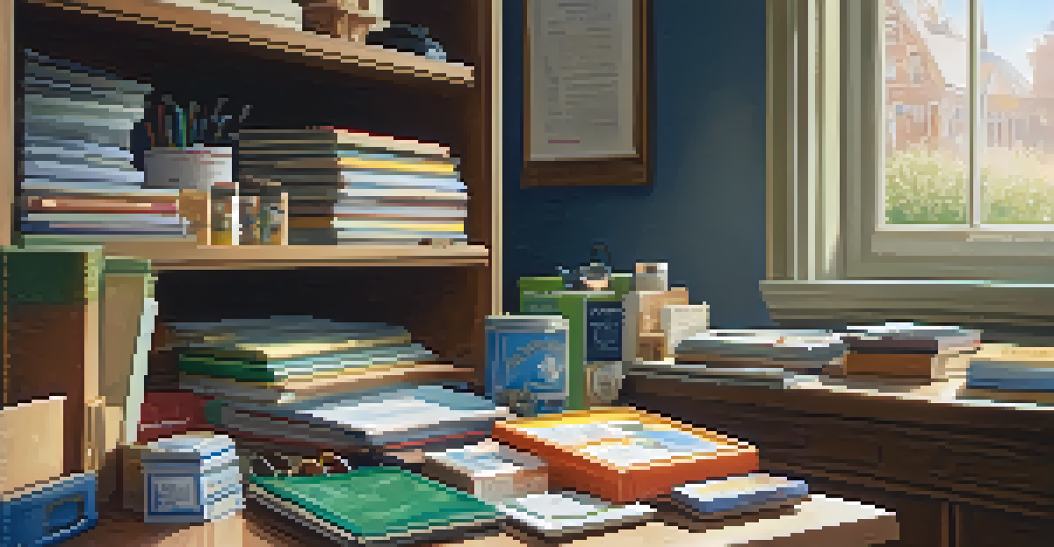 An organized desk with donation items like clothing, toys, and books in boxes labeled 'Donations', illuminated by soft light.
