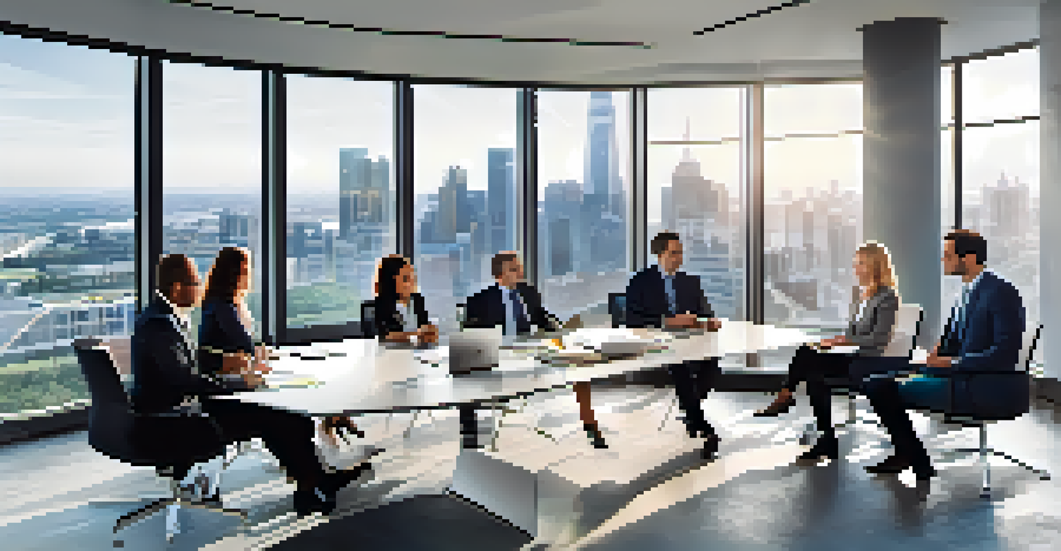 A group of professionals discussing real estate investment strategies in a modern office, with charts and a city skyline in the background.