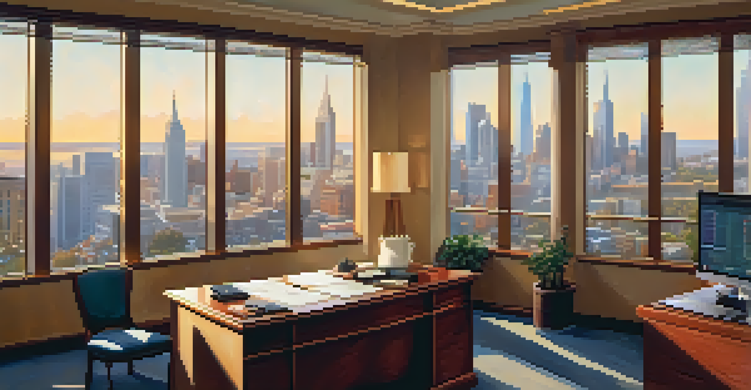 An office of a professional tax advisor with a desk, financial documents, and a city skyline view, illuminated by golden hour light.