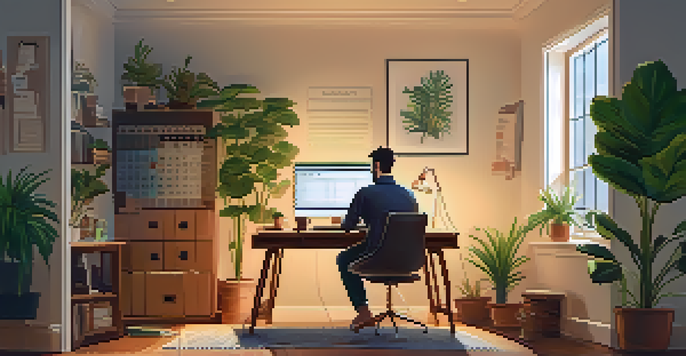 A person working at a home office desk, using a laptop to file taxes with plants and organized paperwork around them.