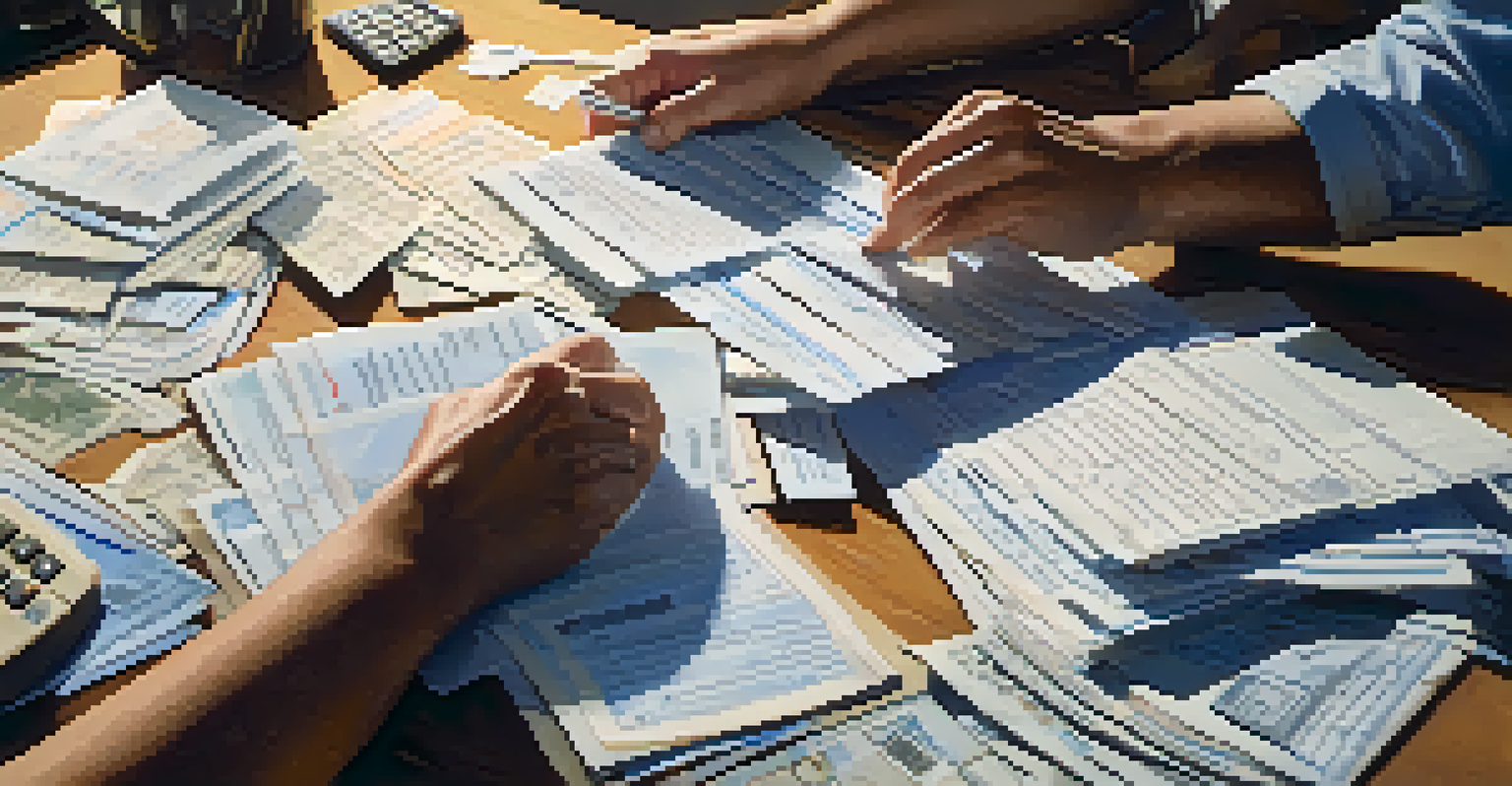 Close-up of hands sorting through receipts on a wooden desk with a calculator and a laptop in the background.