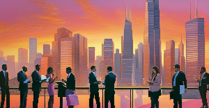 A city skyline at sunset with modern buildings, and a diverse group of business professionals engaging in conversation.