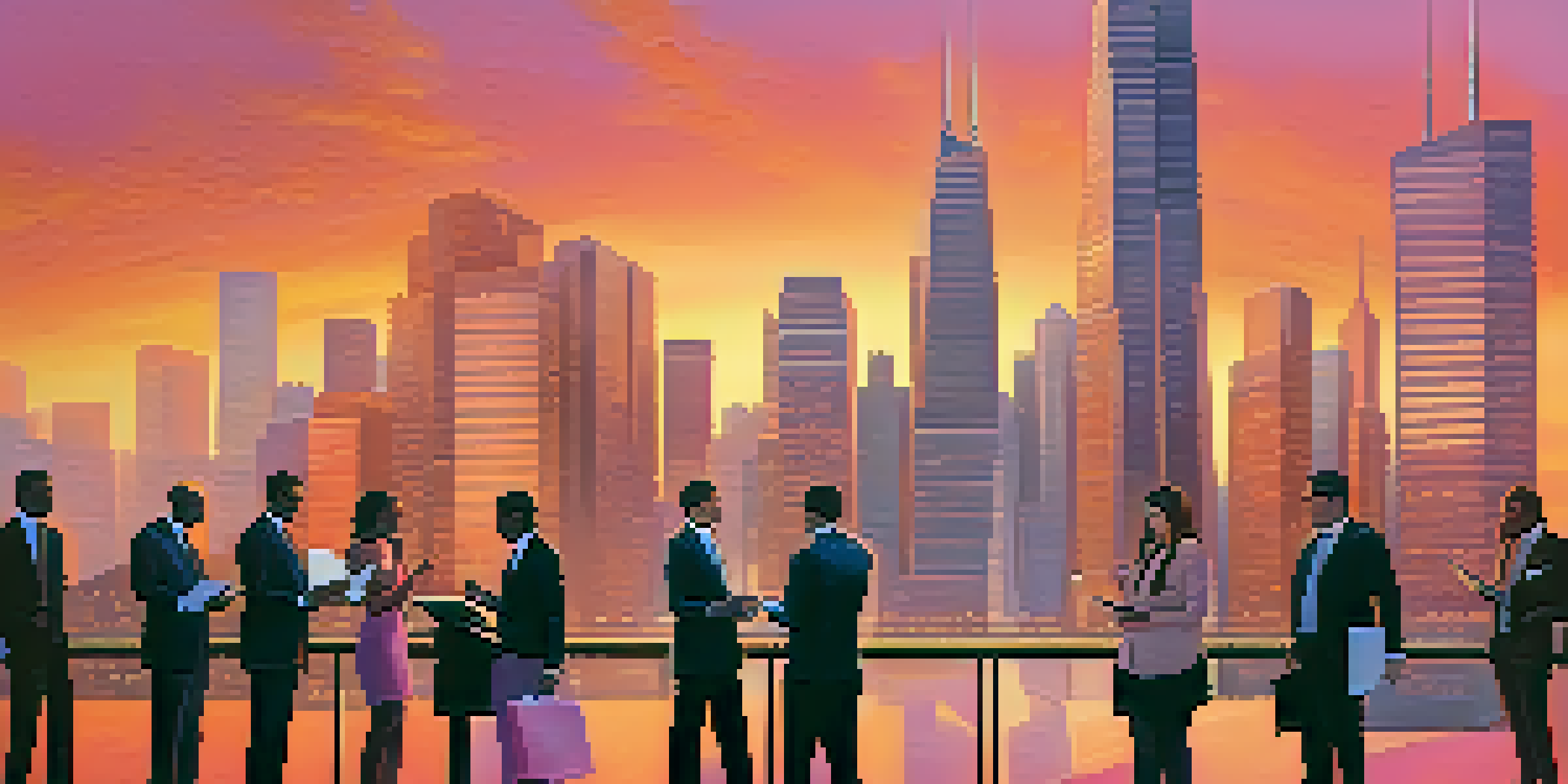 A city skyline at sunset with modern buildings, and a diverse group of business professionals engaging in conversation.