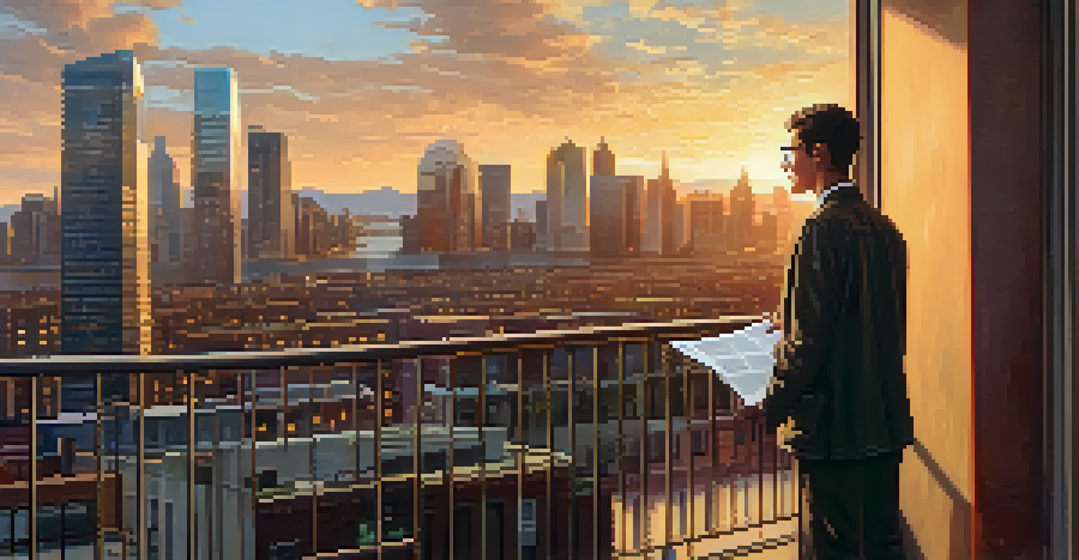 A person on a balcony with financial documents overlooking a city skyline at sunset.