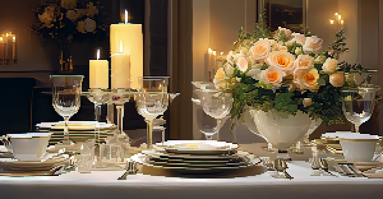 A beautifully set dining table with fine china, crystal glasses, and candlelight.