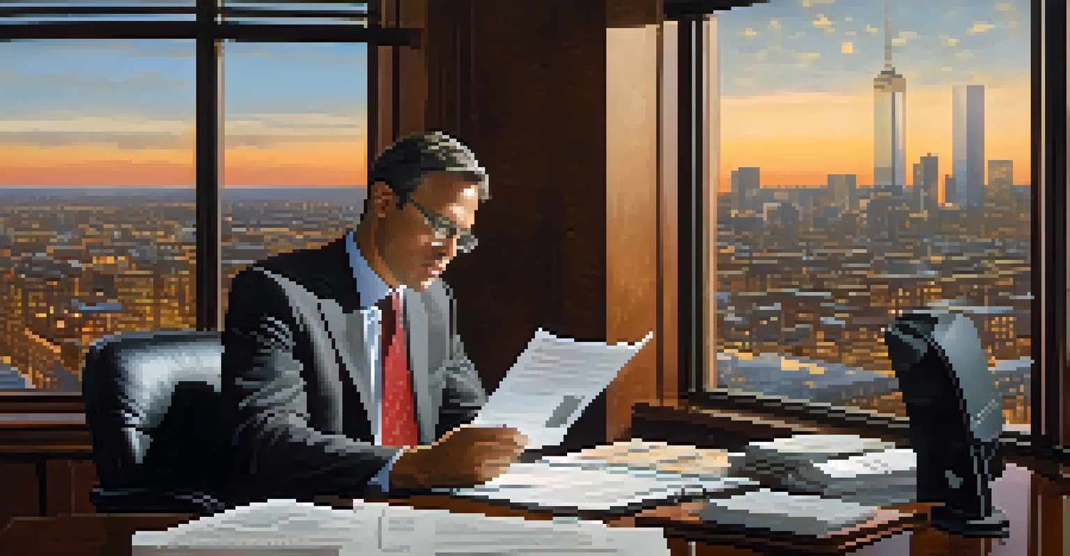 A tax professional reviewing documents at their desk, with a city view outside and organized bookshelves in the background.