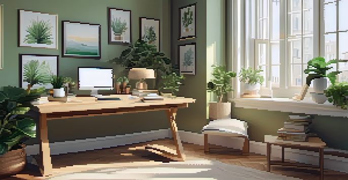 A peaceful office desk with a laptop, notepad, coffee cup, and plants, illuminated by natural light.
