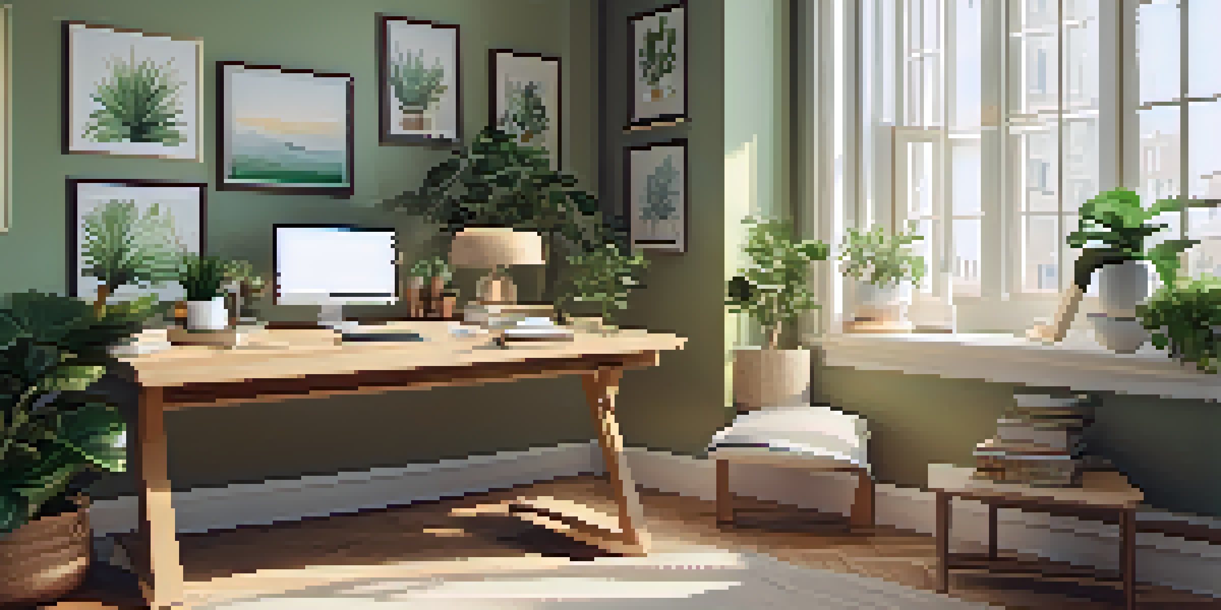 A peaceful office desk with a laptop, notepad, coffee cup, and plants, illuminated by natural light.