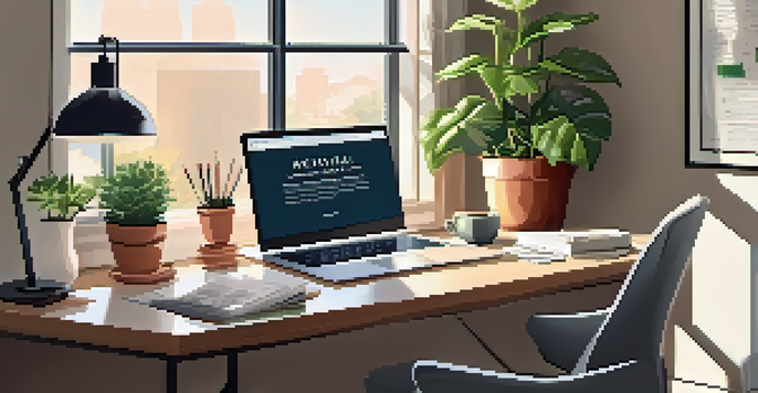 A well-organized office desk with a laptop, a potted plant, and a cup of coffee, bathed in soft natural light from a window.