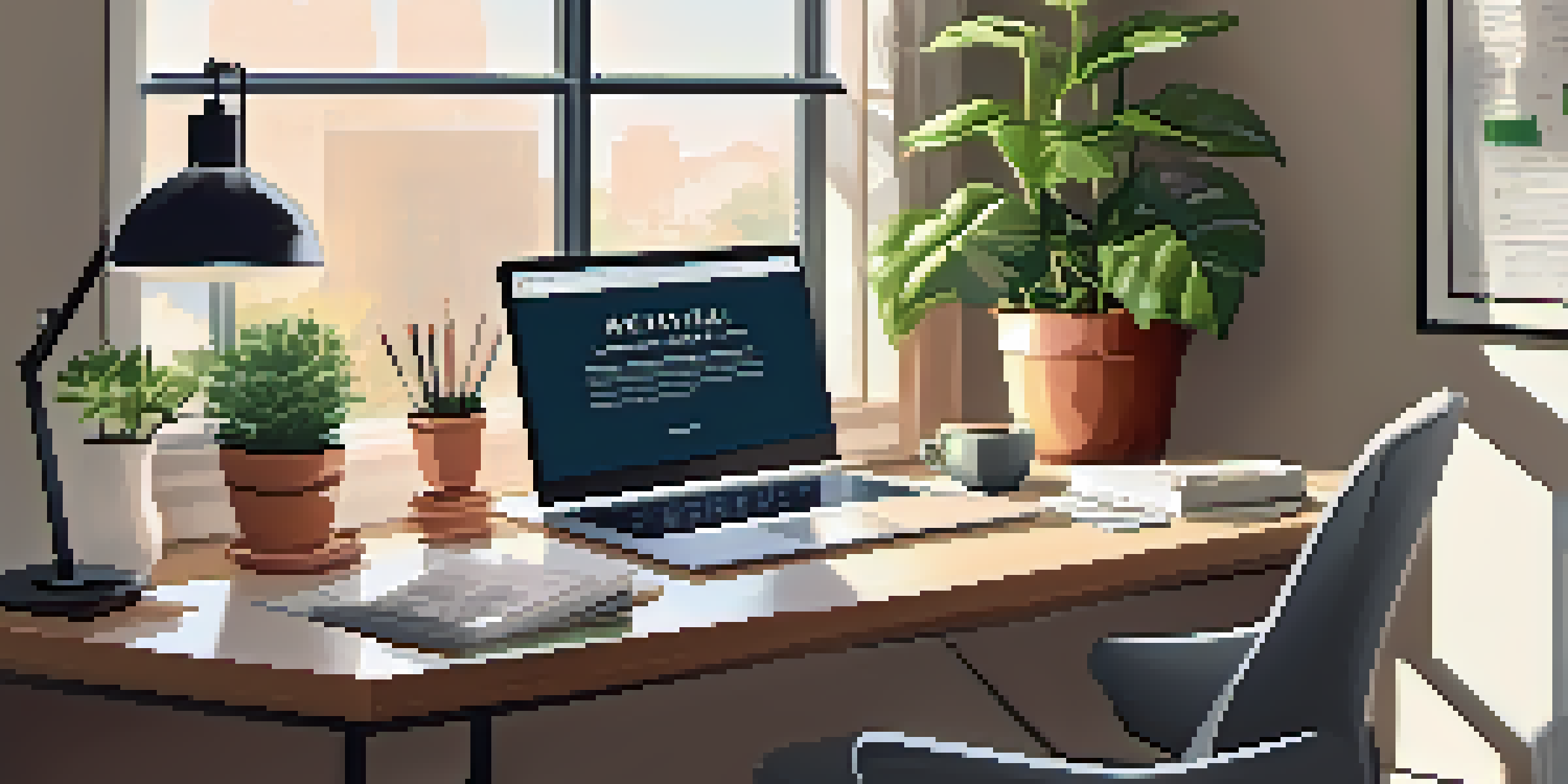 A well-organized office desk with a laptop, a potted plant, and a cup of coffee, bathed in soft natural light from a window.