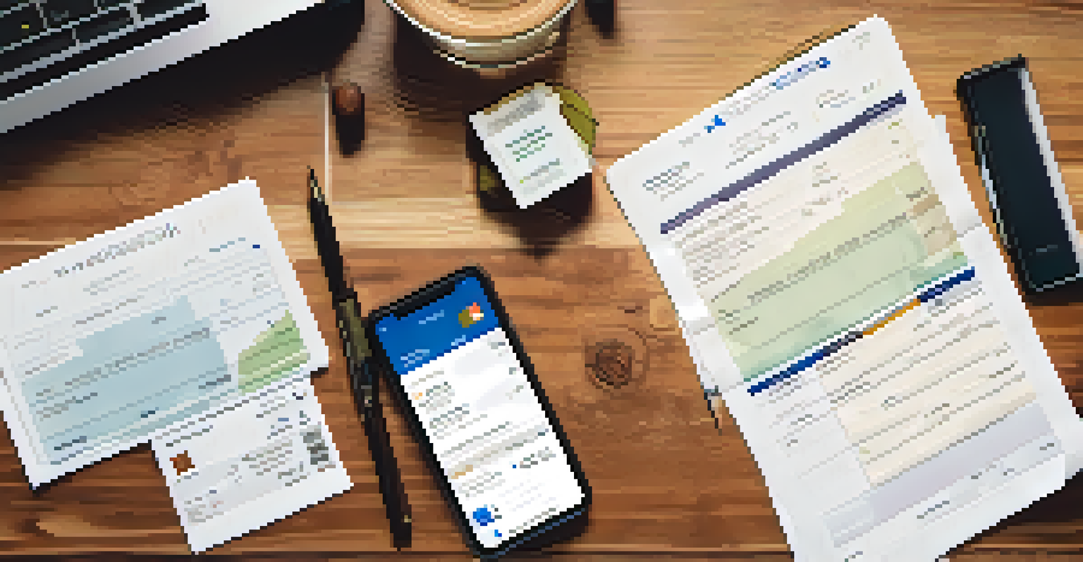 A flat lay of travel expense documents, receipts, and a smartphone on a wooden table, with natural light illuminating the scene.