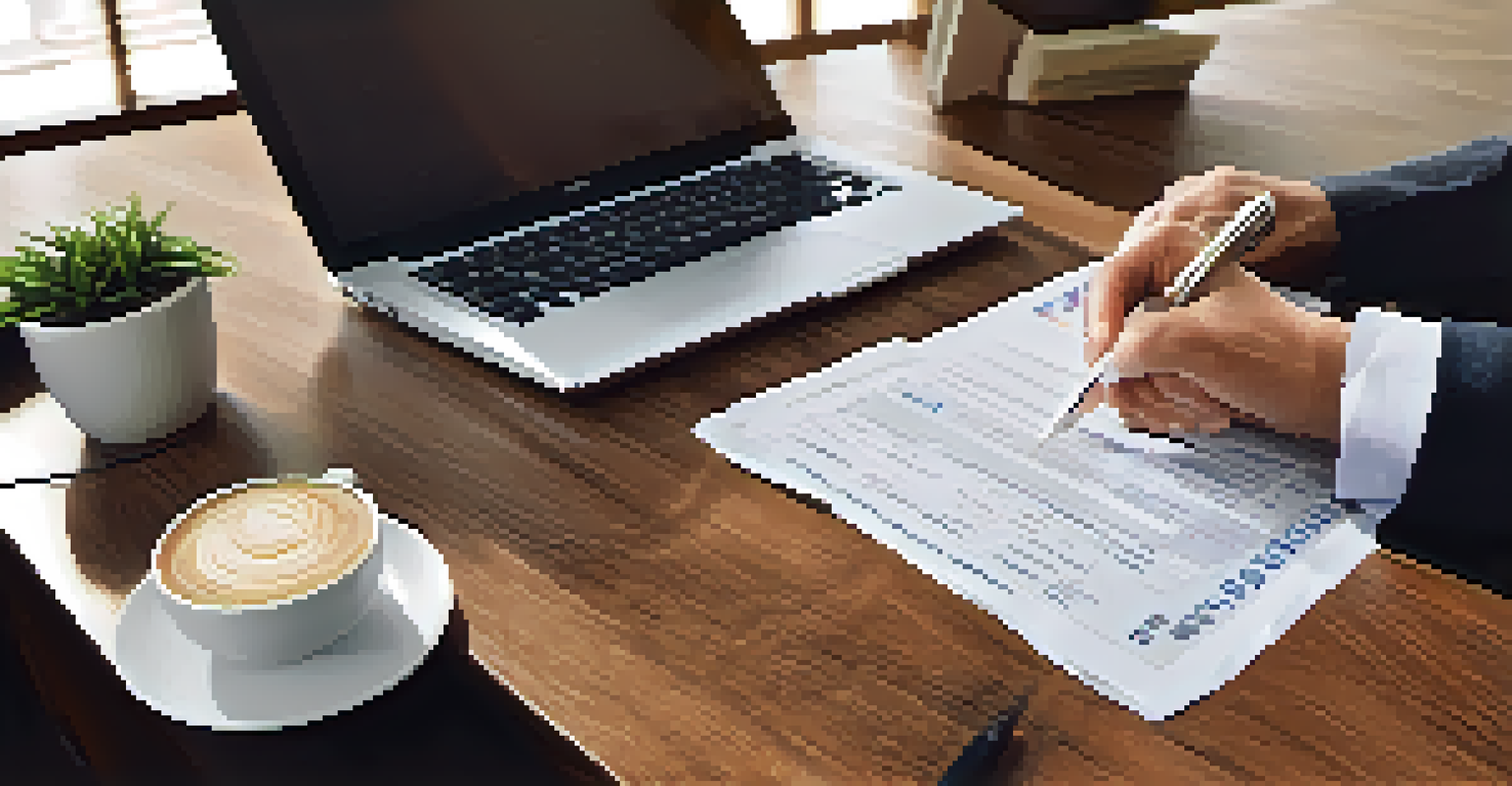 A financial professional's hands typing on a laptop with tax forms and a calculator on a wooden desk.