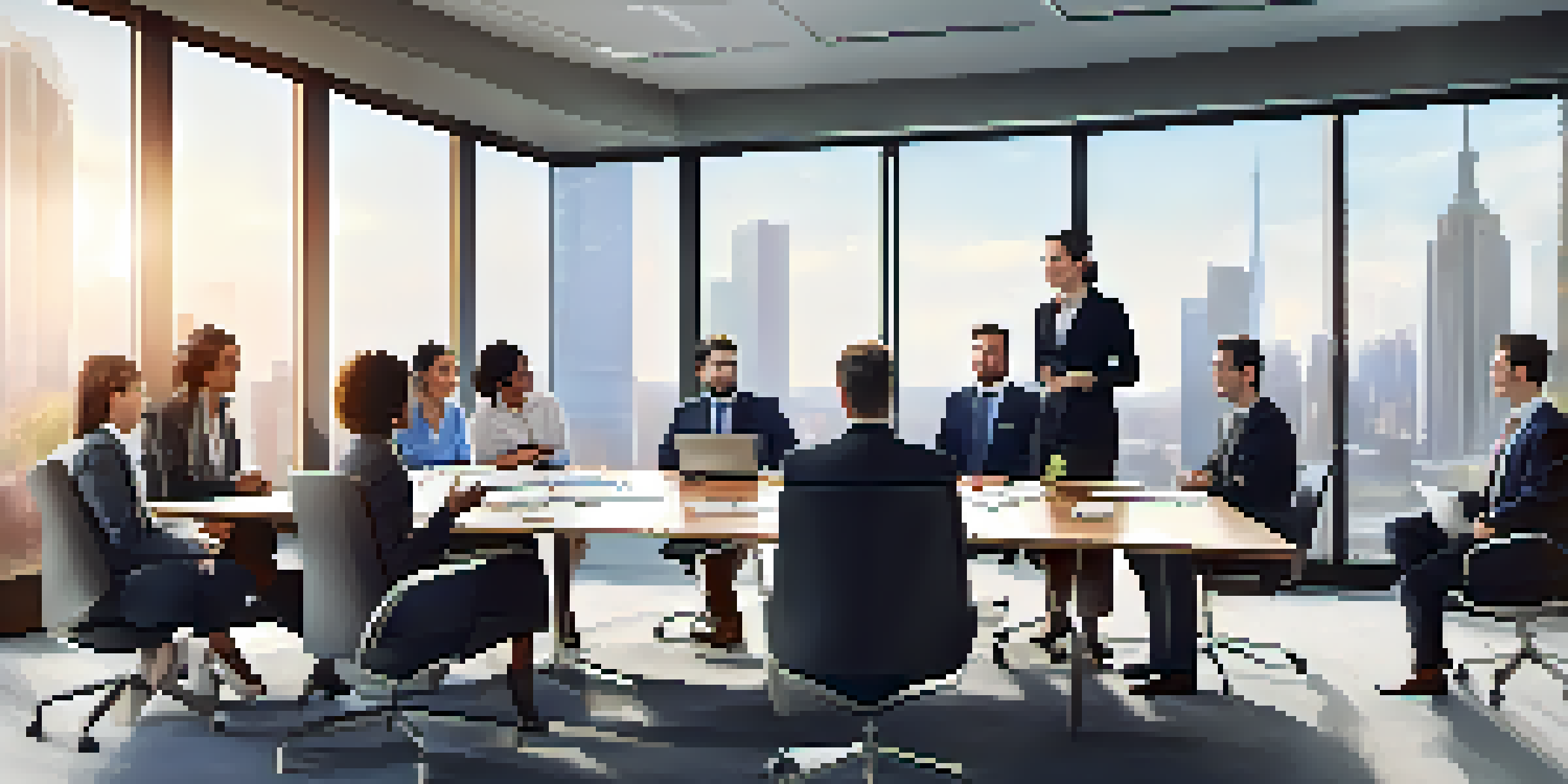 A diverse group of professionals having a discussion in a modern office with a city view.