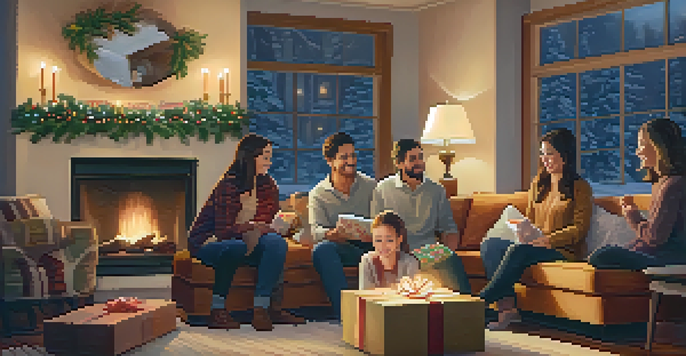 A family sitting in a cozy living room, parents gifting a box to their child, with a fireplace and family photos in the background.