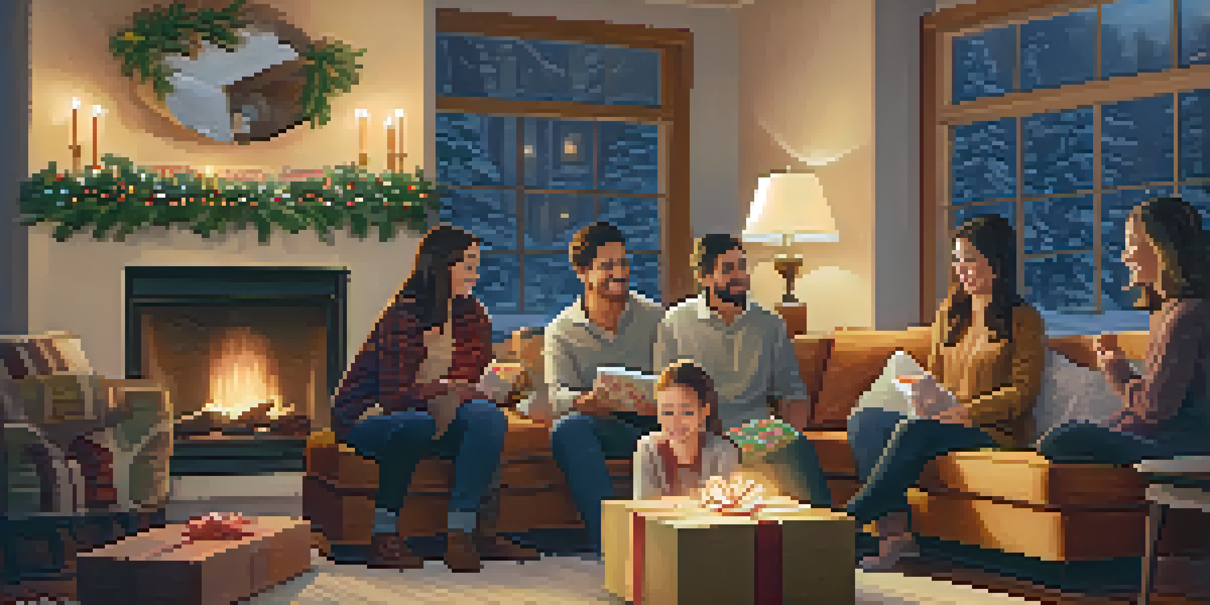 A family sitting in a cozy living room, parents gifting a box to their child, with a fireplace and family photos in the background.