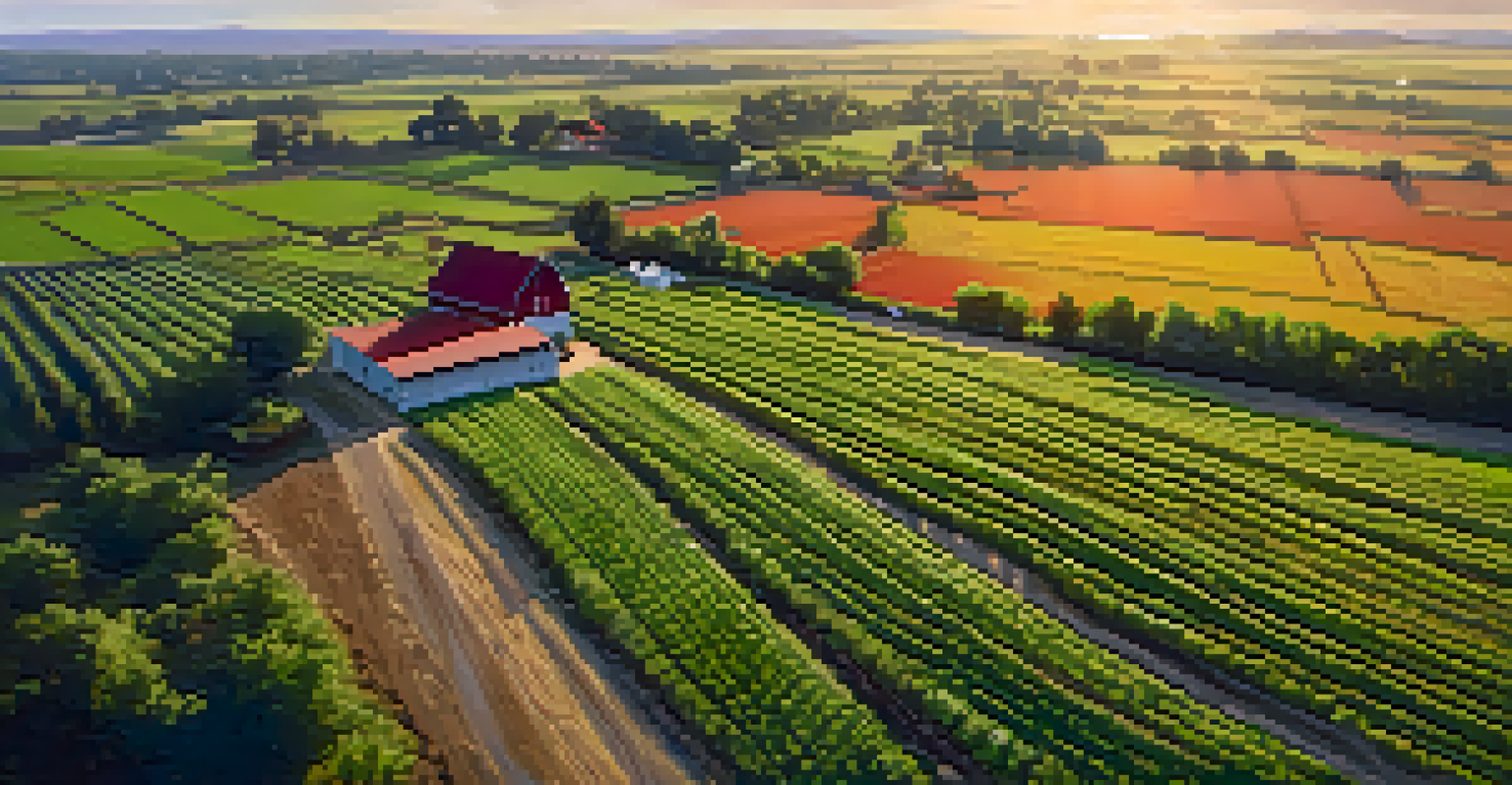 An aerial view of a green agricultural field with crops, a farmhouse, and a red barn under a golden sunset sky.