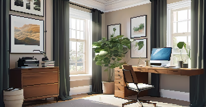 A home office with a wooden desk, laptop, and natural light from a window.