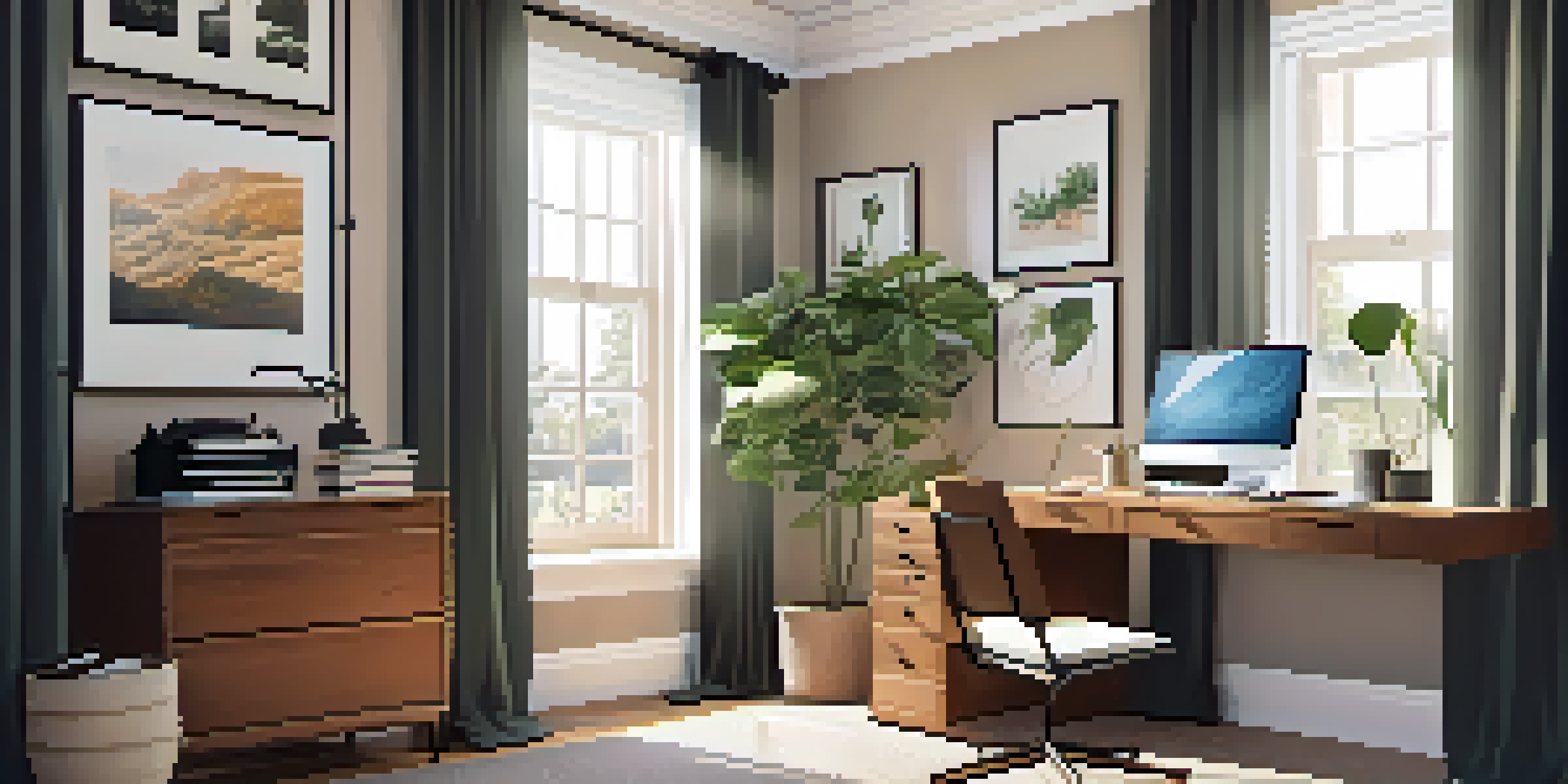 A home office with a wooden desk, laptop, and natural light from a window.
