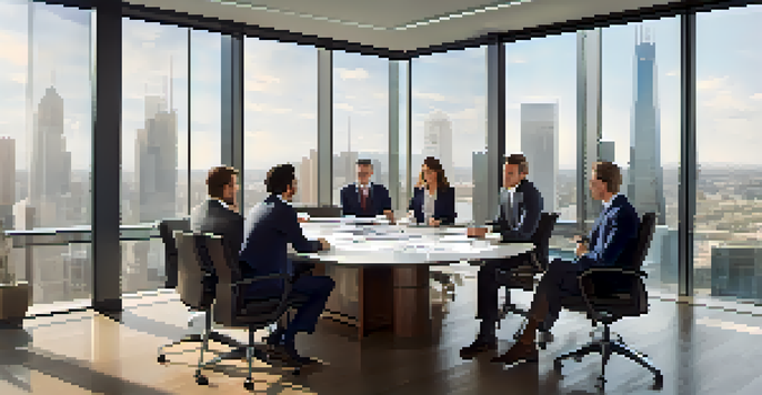 A diverse group of professionals in a bright office discussing asset purchases, with charts and documents on the table.