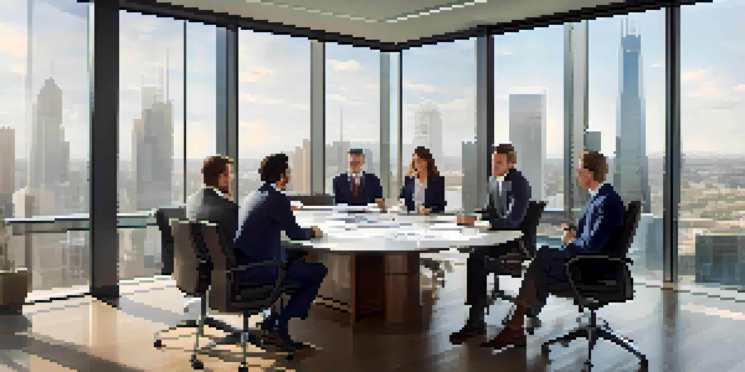 A diverse group of professionals in a bright office discussing asset purchases, with charts and documents on the table.