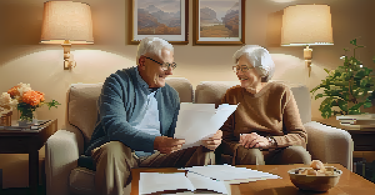 An elderly couple happily reviewing their retirement plan documents together in a cozy living room.