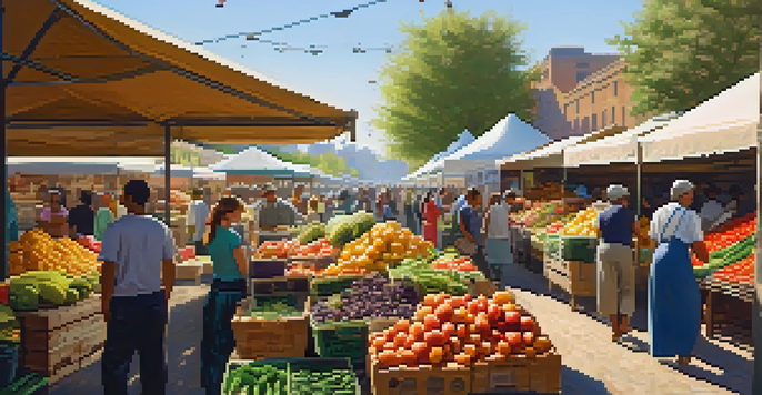 A bustling market with colorful fruits and vegetables, sunlight shining through tents, and shoppers engaging with vendors.