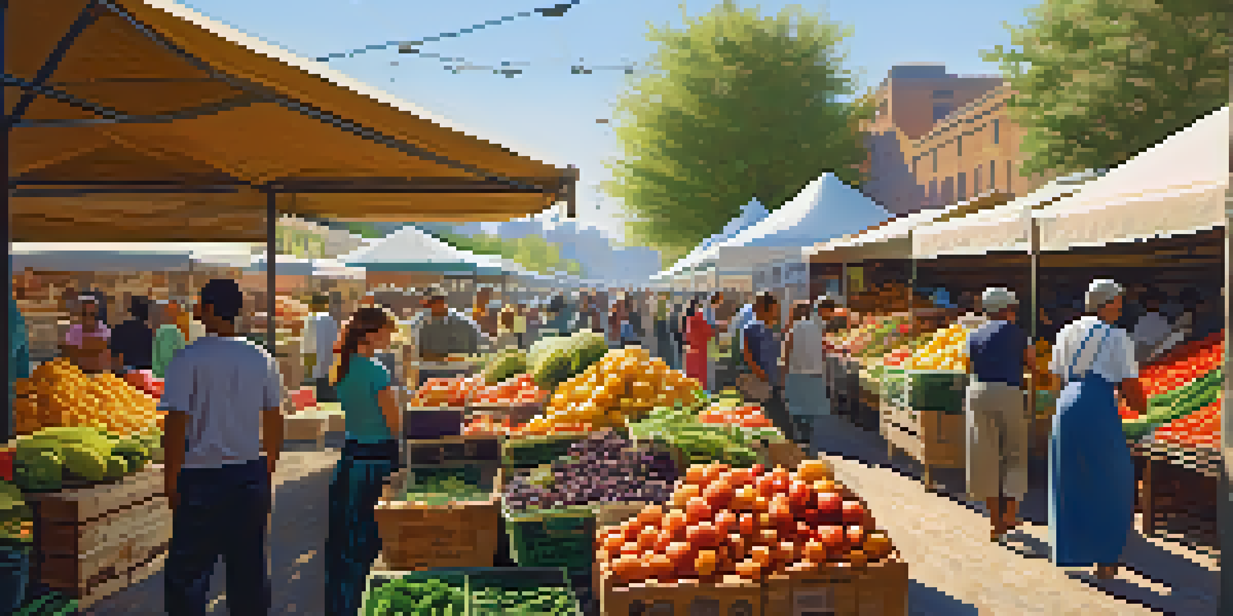 A bustling market with colorful fruits and vegetables, sunlight shining through tents, and shoppers engaging with vendors.