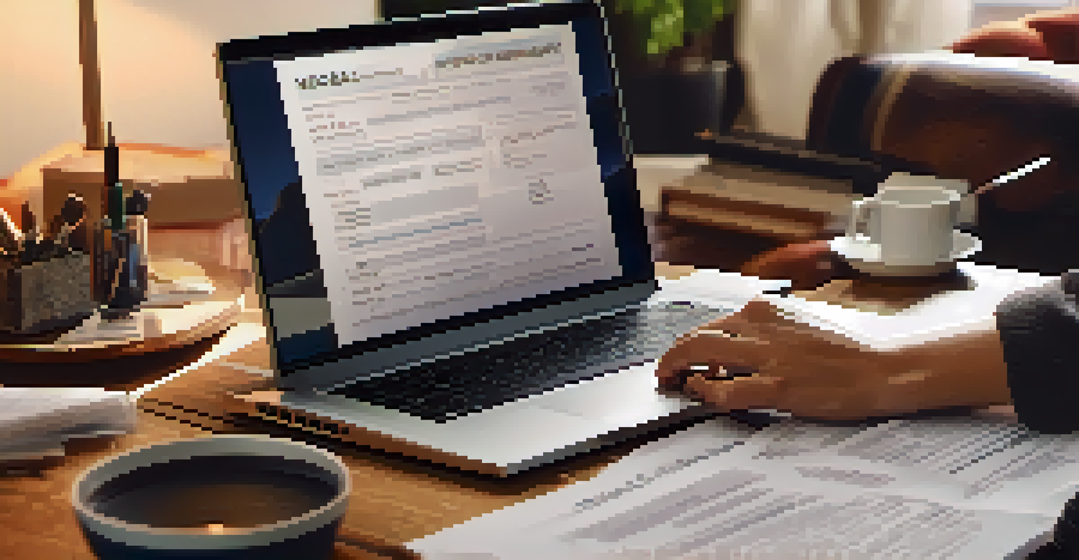 A close-up of hands on a laptop keyboard, surrounded by tax forms and a pen, in a softly blurred living room.