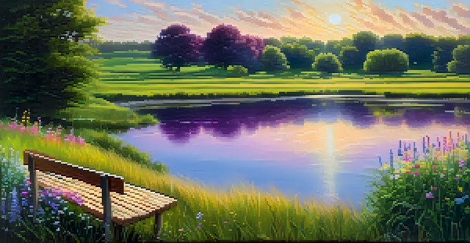 A tranquil landscape with a green field, a wooden bench near a pond, and colorful wildflowers under a blue sky.