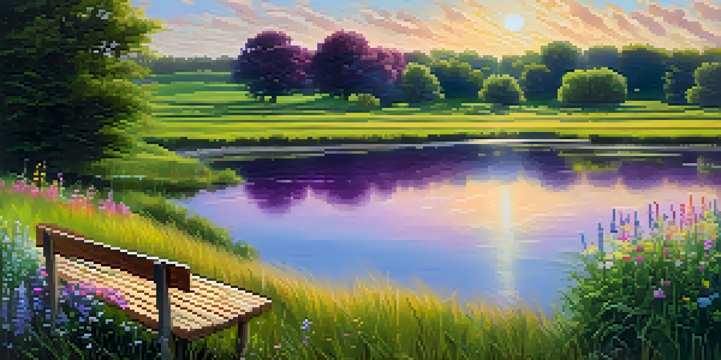 A tranquil landscape with a green field, a wooden bench near a pond, and colorful wildflowers under a blue sky.