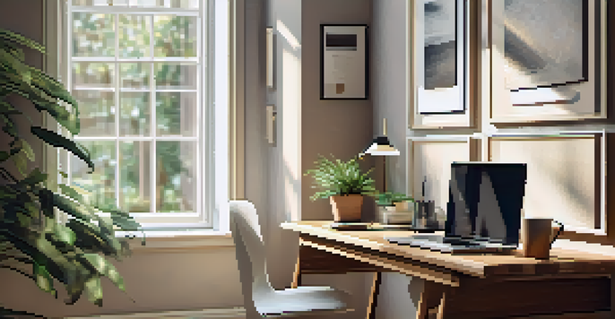 A cozy home office with a wooden desk, laptop, potted plant, and coffee cup, illuminated by soft natural light.