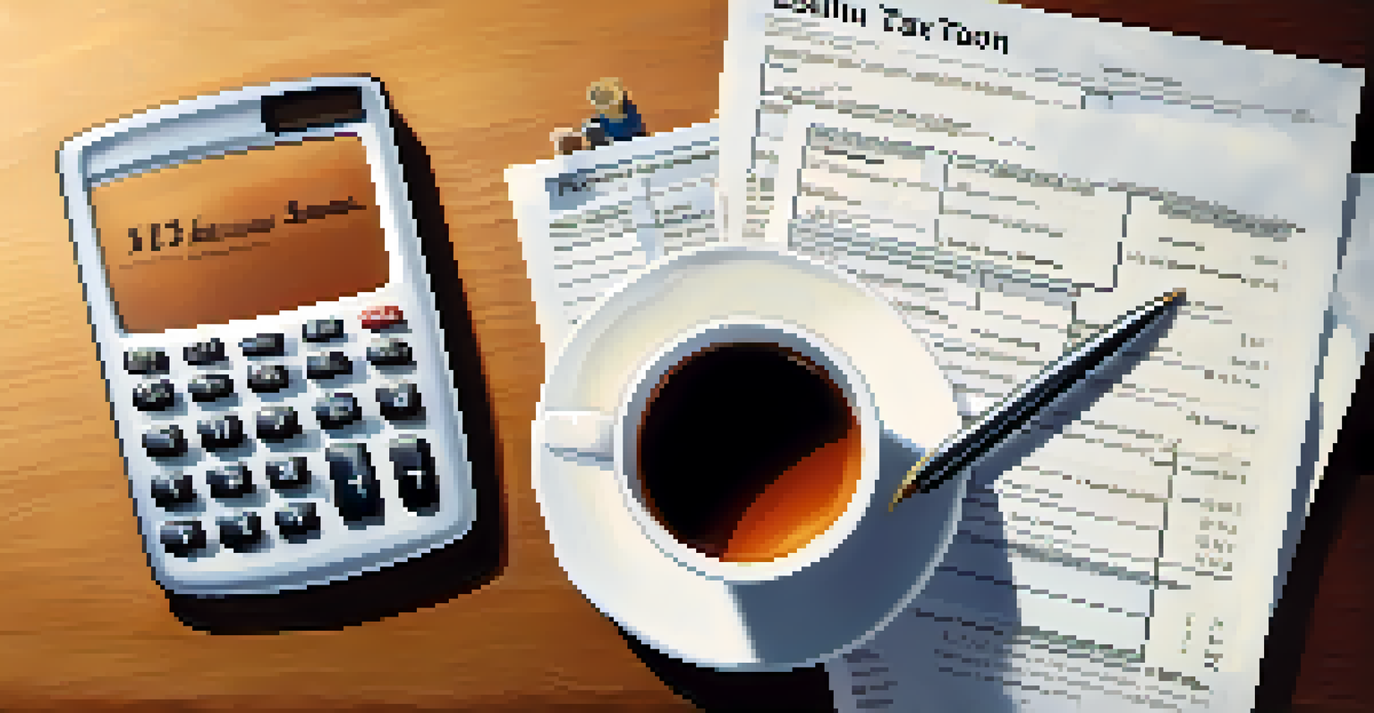 A close-up view of a tax form with a pen, calculator, and a cup of tea in a warm, inviting setting.