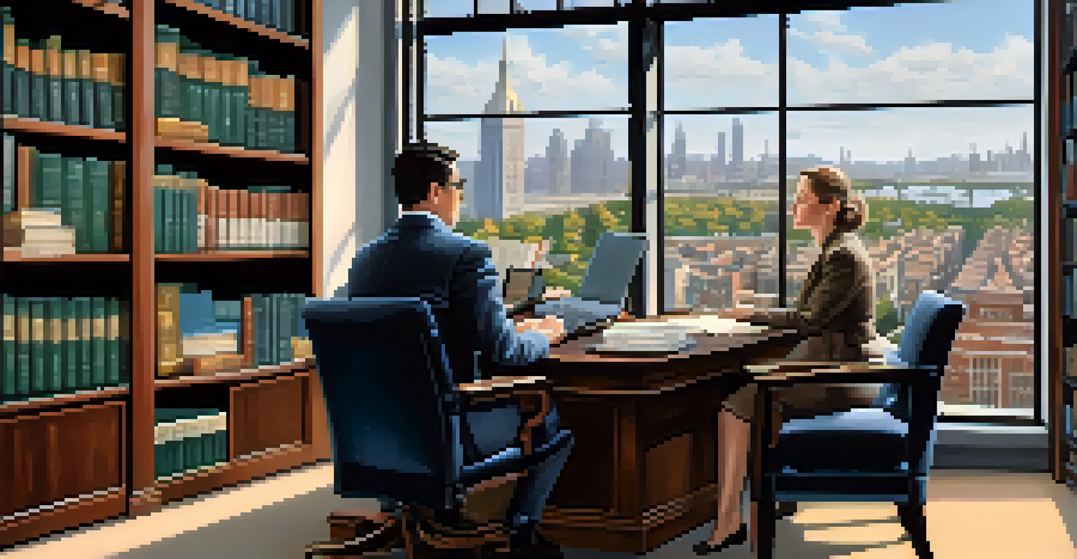 A tax advisor discussing with a client in an office filled with books and a city view.