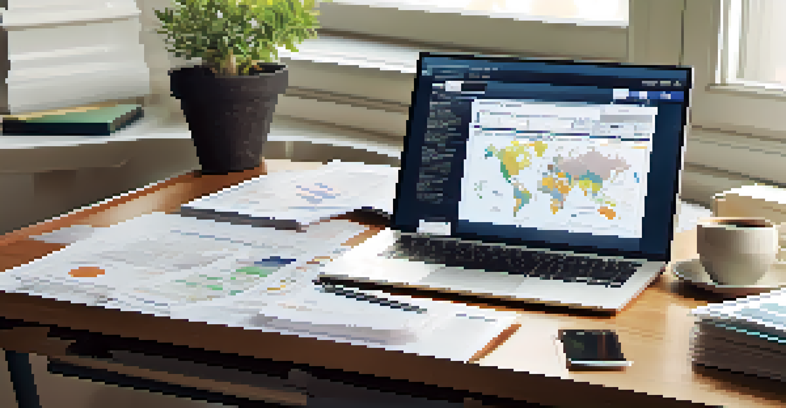 A financial planner's desk with documents, a world map, and a laptop displaying investment graphs, all under soft natural lighting.