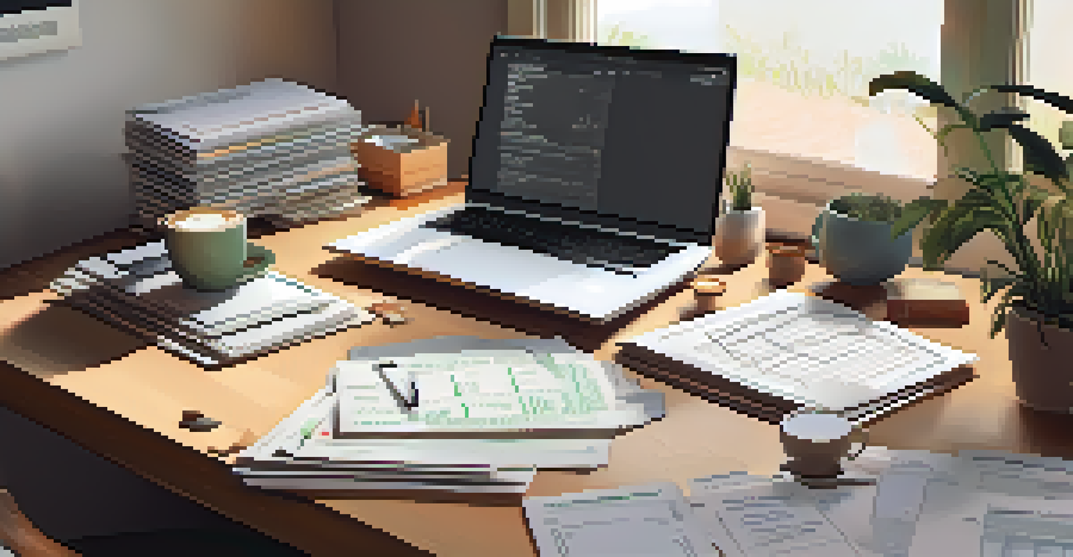 A cozy home office with a desk full of organized charitable giving records, a laptop, and a cup of coffee in warm lighting.