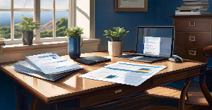 An organized office desk with financial documents, a laptop, and a cup of coffee, illuminated by natural light.