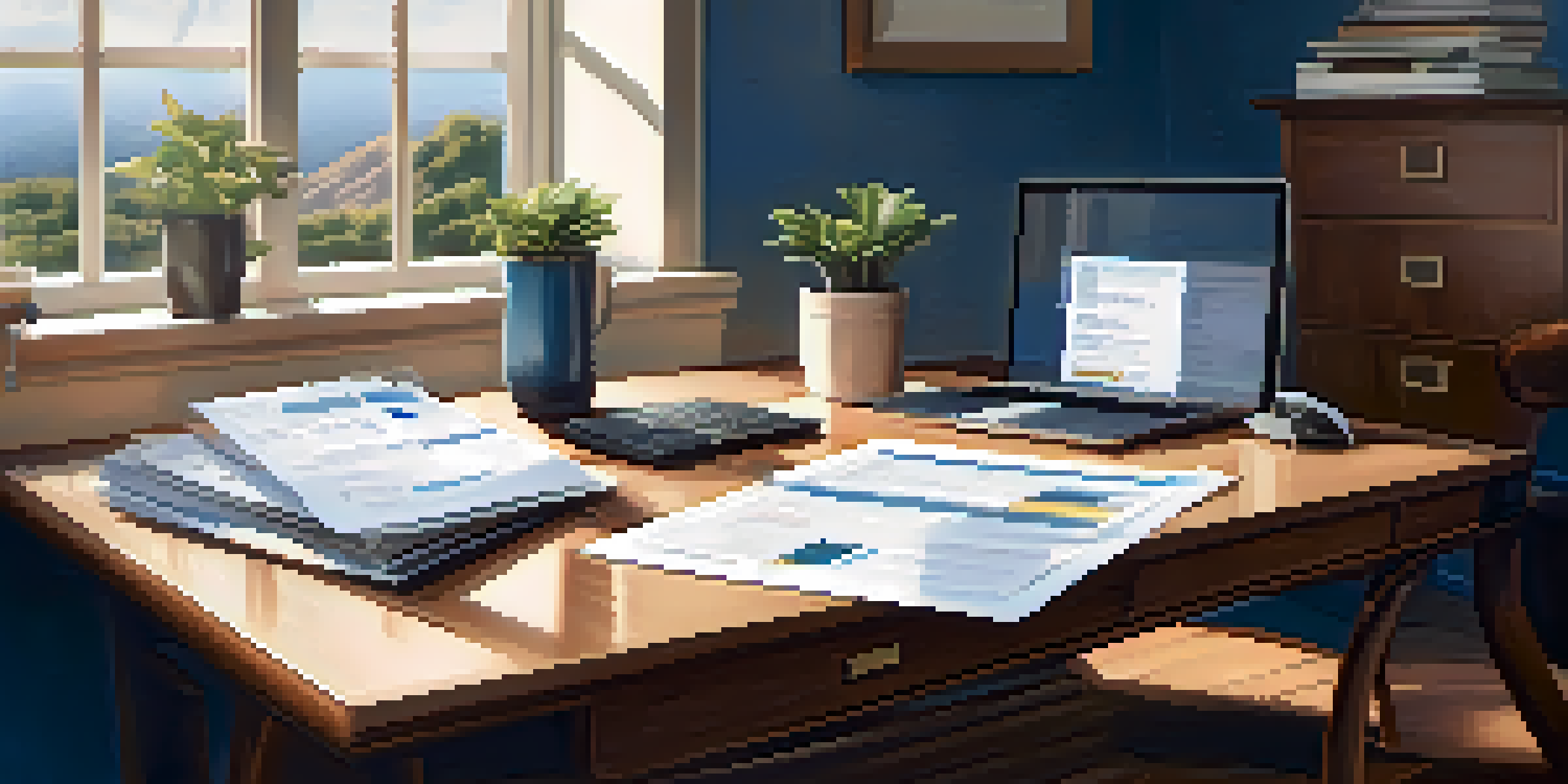 An organized office desk with financial documents, a laptop, and a cup of coffee, illuminated by natural light.
